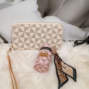 Geometric Patterned Cream and Gray Women's Wallet bundle